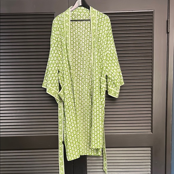 Pacific & Rose Lovely Green & White Block Print Cotton Robe, One Size Fits Most - Picture 1 of 13